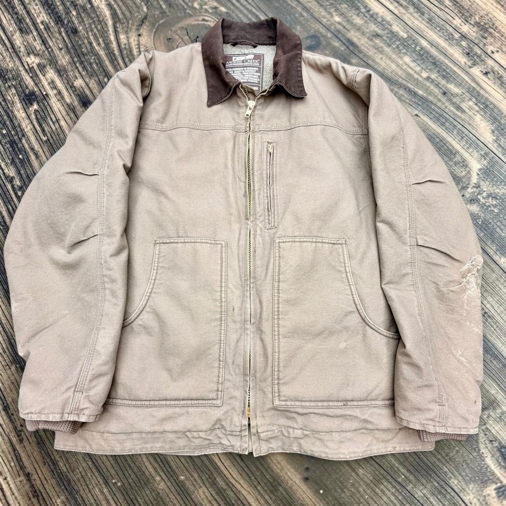 Vtg Moose Creek Mens Medium Tan Cotton Canvas Sherpa Lined Work Jacket Distress